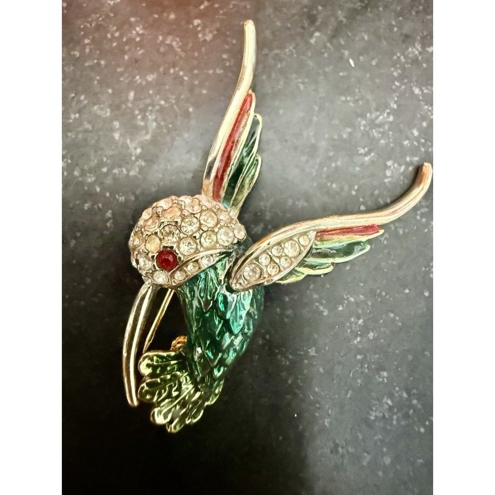 Vintage‎ Rhinestone Enamel Hummingbird Brooch Pin Gold Tone Made In Taiwan